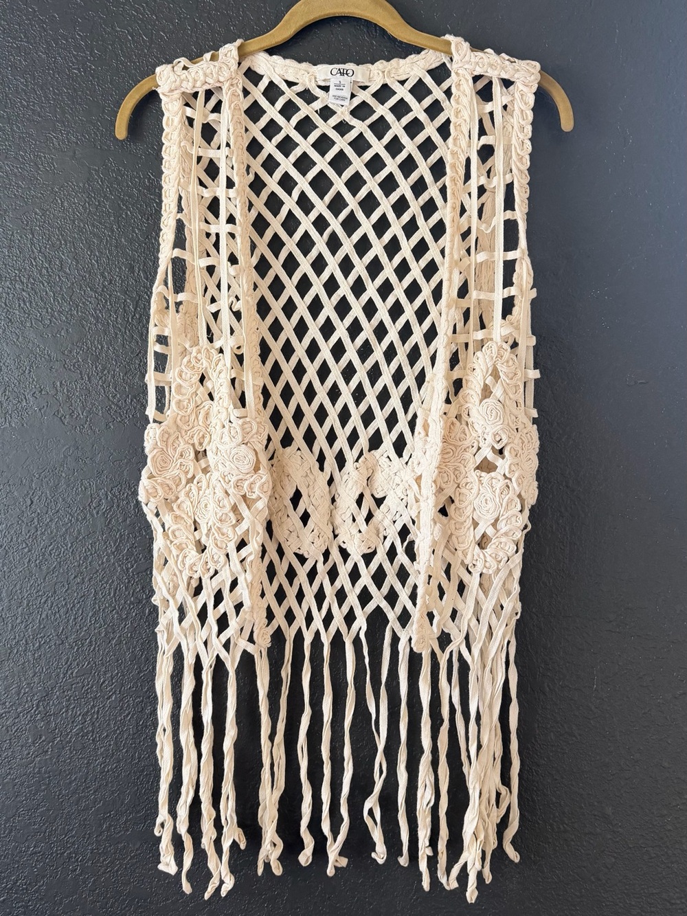 Festival Boho Crochet Fringe Vest Open Front Macrame Hippie Romantic Cato Size S